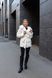 Insulated women's short jacket with a hood and faux fox fur tie waist, zipper and snap closure cuffs on the sleeves cream, 1221(L), 1221(L), 46, Winter