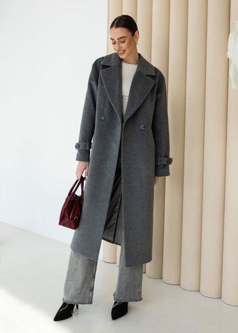 Women's mid-season coat with a belt and wide sleeves, gray nap, 743 ворс сірий, 743 ворс сірий, 52, Autumn/Spring