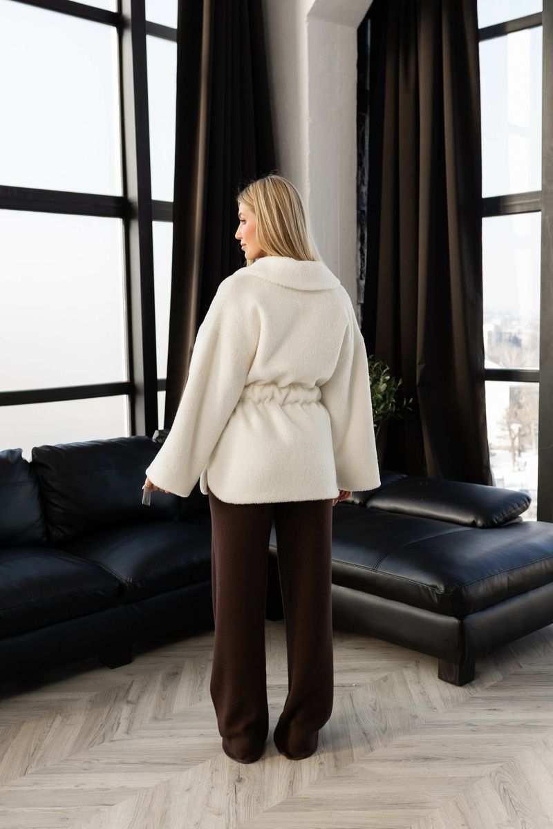 Short women's eco-fur coat with a sewn-in belt, cream-colored, #Milk, #Milk, 44, Autumn/Spring