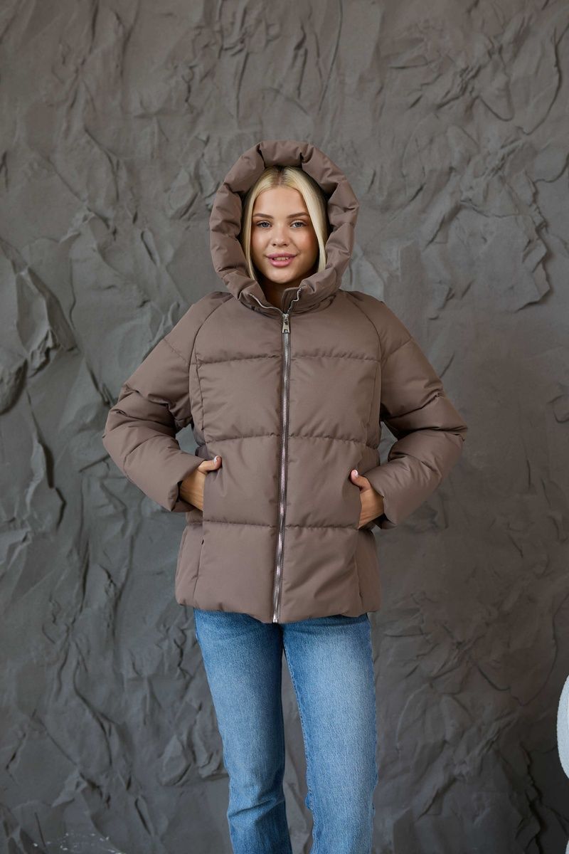 Women's insulated waterproof hooded jacket with a zipper deep pockets on the cuffs and a drawstring at the bottom cappuccino, KL-26_cappuccino, KL-26_cappuccino, 44, Winter