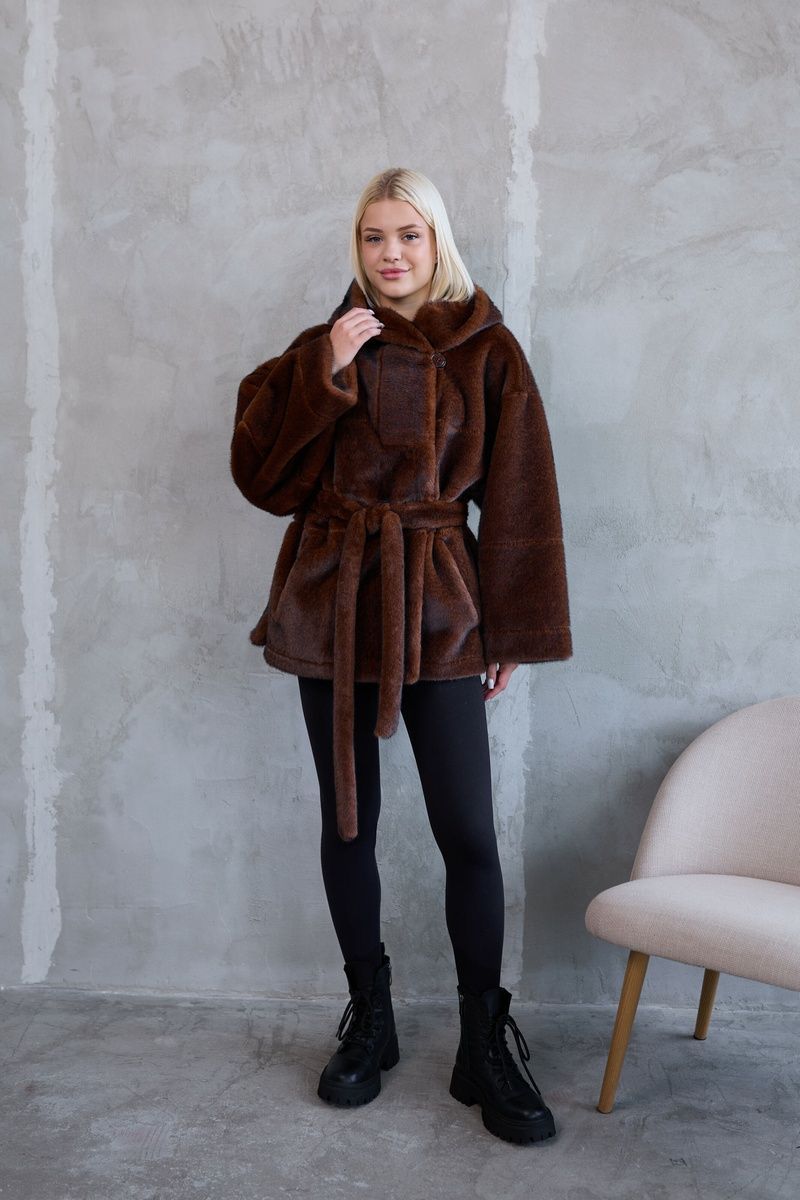 Women's Reversible Short Hooded Faux Fur Shearling Coat mahogany, Mahogani, Mahogani, 42