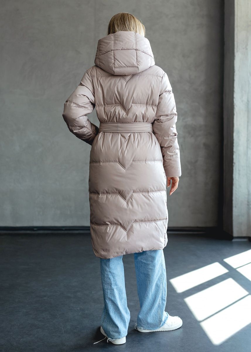 Warm women's jacket with a belt  hood, and patch pockets beige, 1437 (а), 1437 (а), 44, Winter