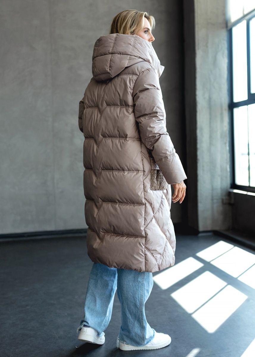 Warm women's jacket with a belt  hood, and patch pockets beige, 1437 (а), 1437 (а), 44, Winter