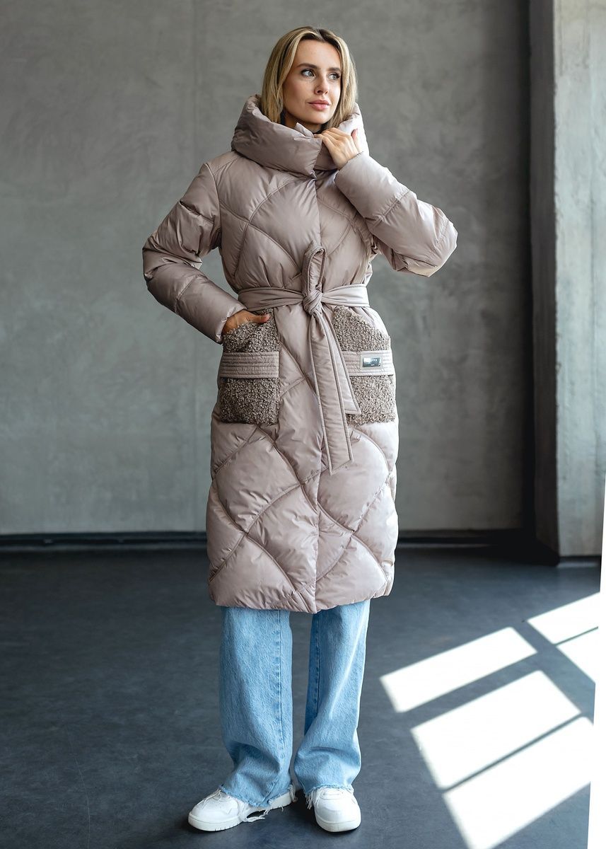 Warm women's jacket with a belt  hood, and patch pockets beige, 1437 (а), 1437 (а), 44, Winter