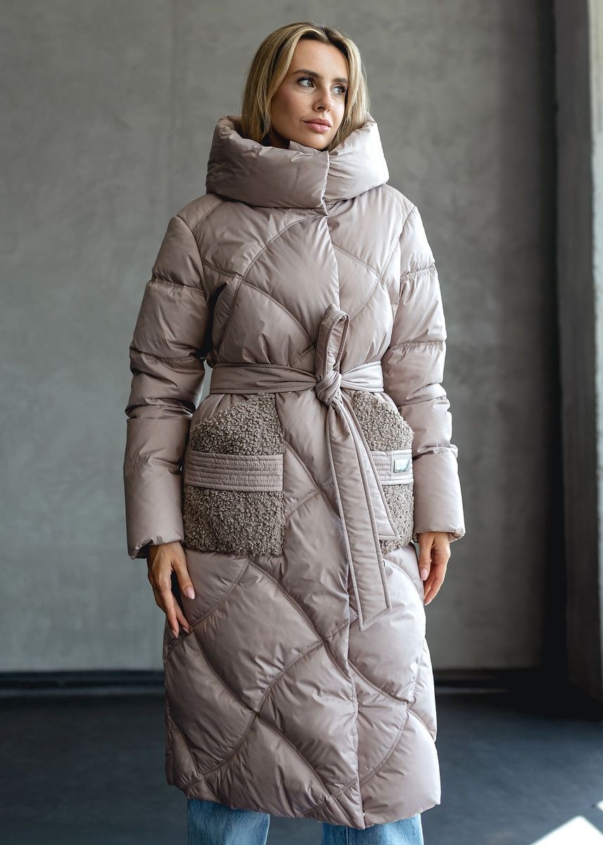 Warm women's jacket with a belt  hood, and patch pockets beige, 1437 (а), 1437 (а), 44, Winter