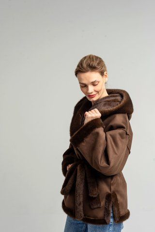 Reversible short sheepskin coat with hood and belt brown, Brown, Brown, 38, Winter