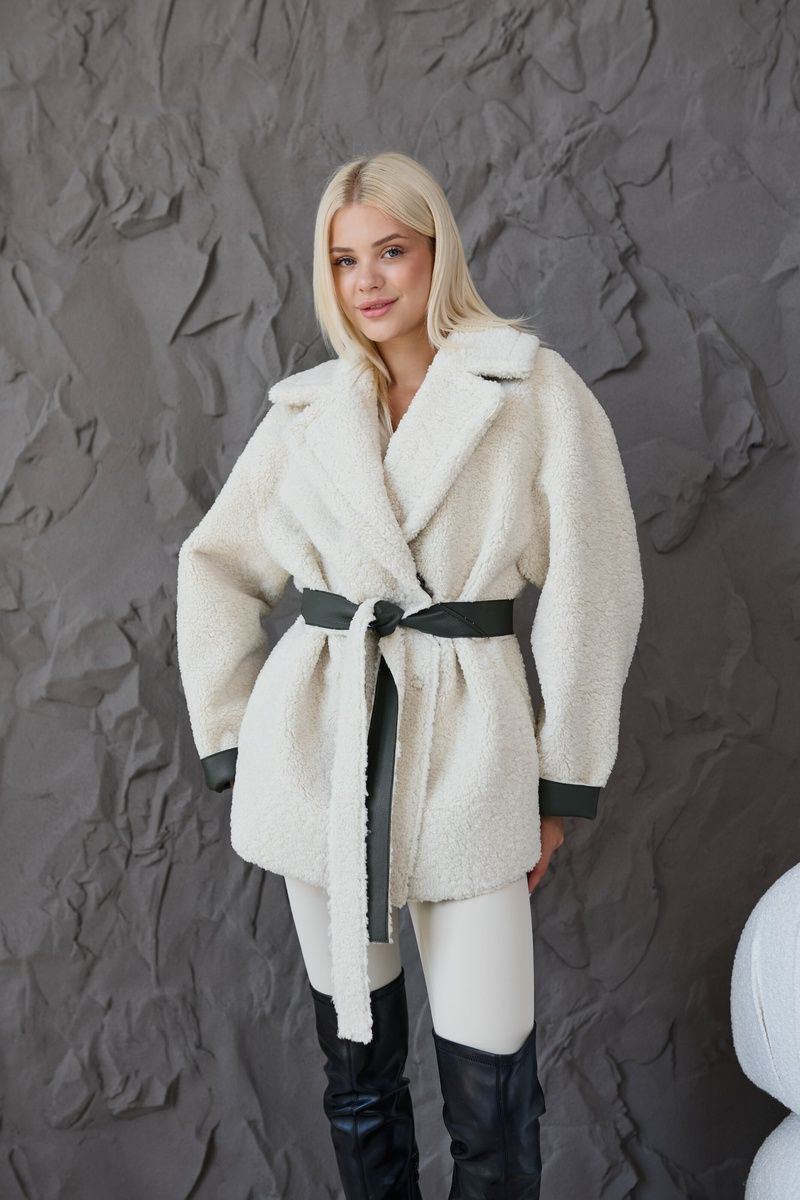 Women's reversible winter aviator coat with belt made of eco leather and fur dark green, Green, Green, 42, Winter