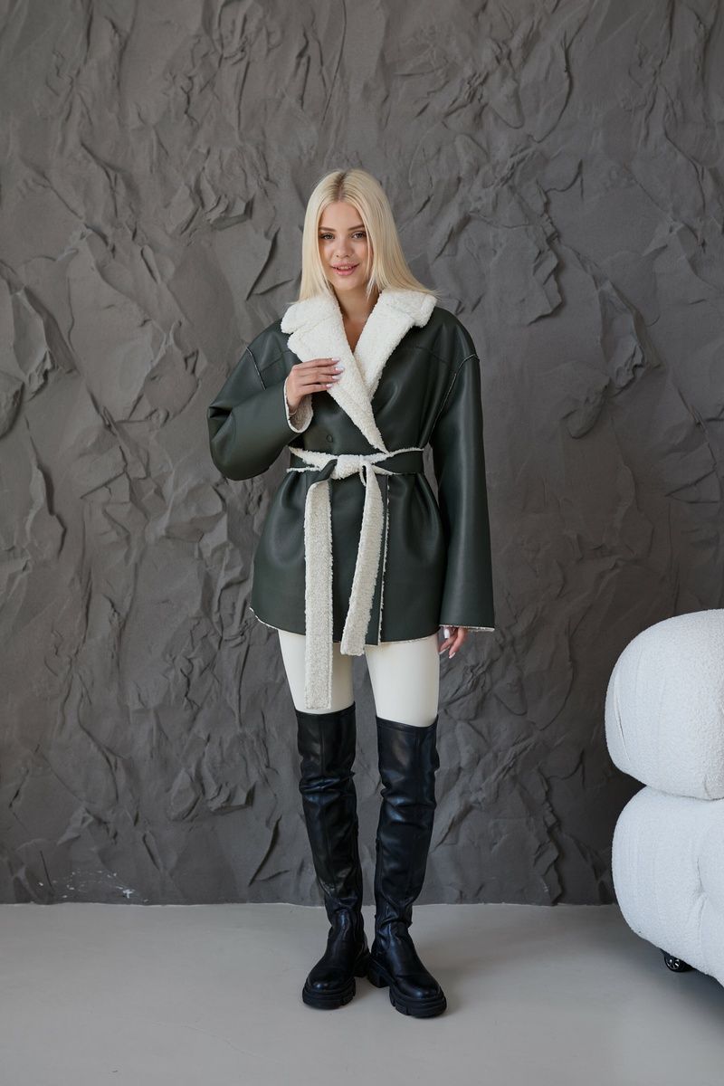 Women's reversible winter aviator coat with belt made of eco leather and fur dark green, Green, Green, 42, Winter