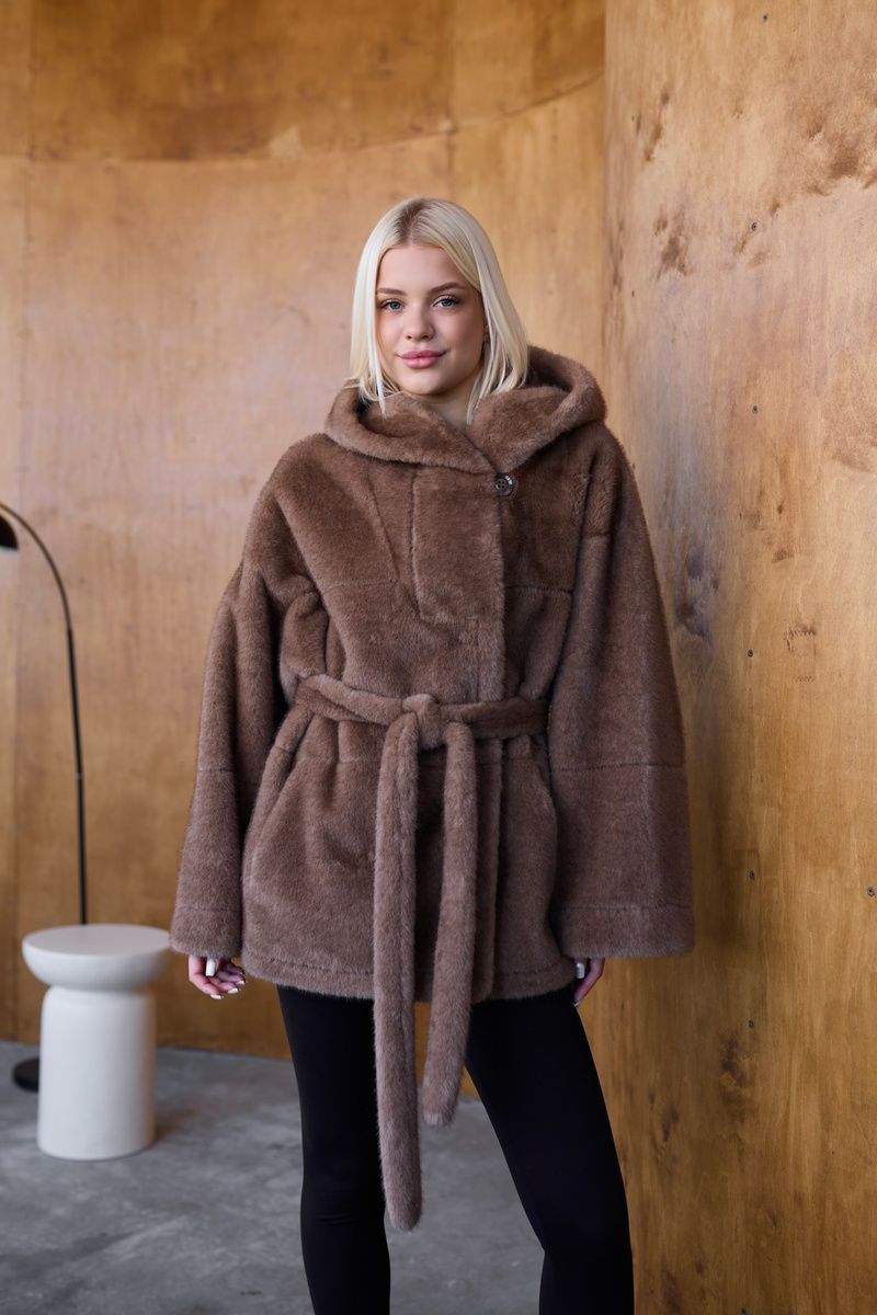 Women's Reversible Short Hooded Faux Fur Shearling Coat macadamia, Macadamia, Macadamia, 50, Winter