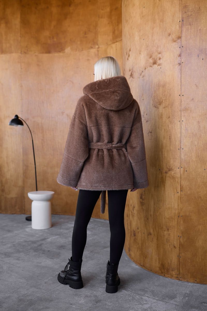 Women's Reversible Short Hooded Faux Fur Shearling Coat macadamia, Macadamia, Macadamia, 50, Winter