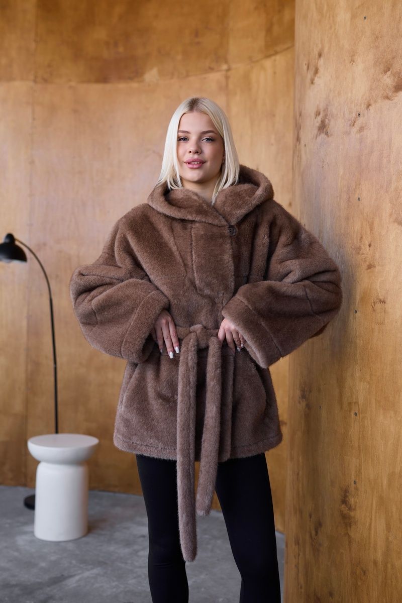 Women's Reversible Short Hooded Faux Fur Shearling Coat macadamia, Macadamia, Macadamia, 50, Winter