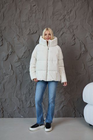 Insulated women's waterproof jacket with a zipper deep hood pockets cuffs  and a drawstring at the bottom in cream, C003_milk, C003_milk, 46, Winter
