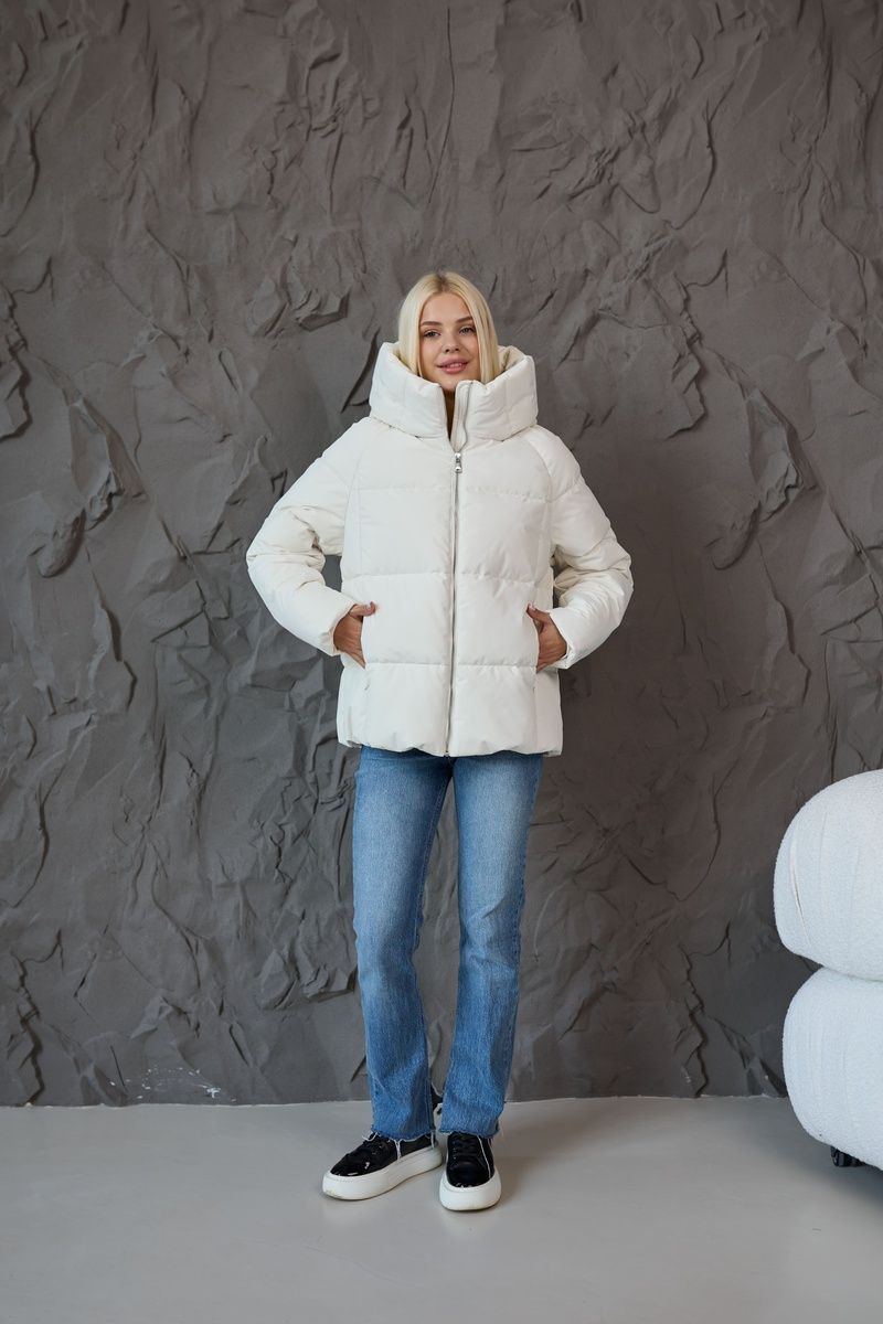 Insulated women's waterproof jacket with a zipper deep hood pockets cuffs  and a drawstring at the bottom in cream, C003_milk, C003_milk, 44, Winter