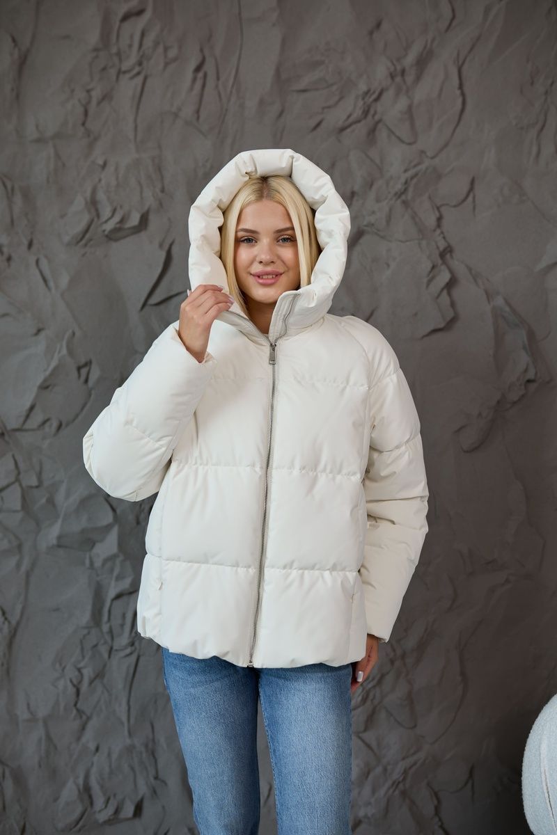 Insulated women's waterproof jacket with a zipper deep hood pockets cuffs  and a drawstring at the bottom in cream, C003_milk, C003_milk, 44, Winter