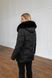 Women's insulated short jacket with a waist belt hood and faux fox fur zip and snap closure sleeve cuffs black, Black (а/b), Black (а/b), 42, Winter