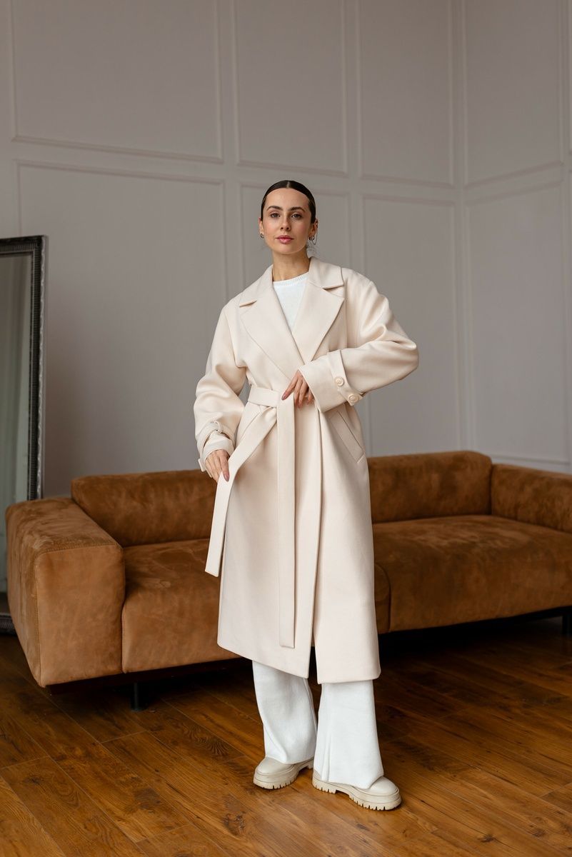 Women's mid-season coat with a belt and wide sleeves in milk, 1026_(молоко), 1026_(молоко), 46, Autumn/Spring
