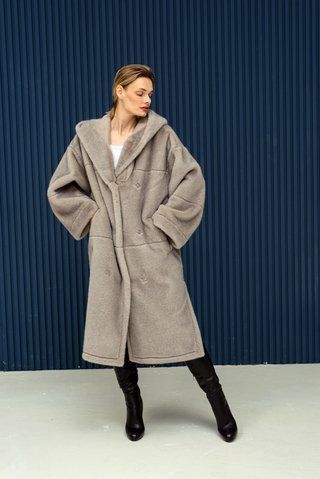 Двостороння довга дублянка шуба з капюшоном та поясом сіра N99V фото