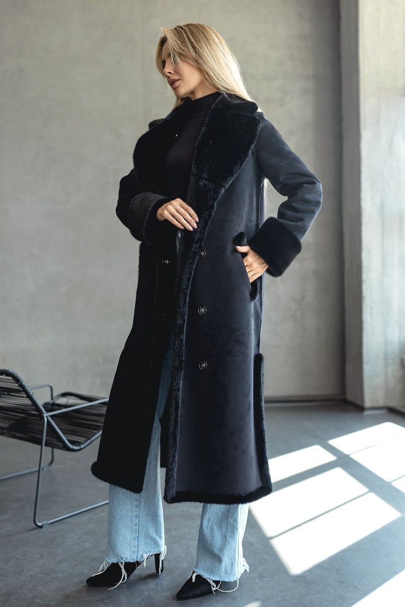 Long reversible faux fur eco-coat with belt, 178_Black, 178_Black, 56, Winter