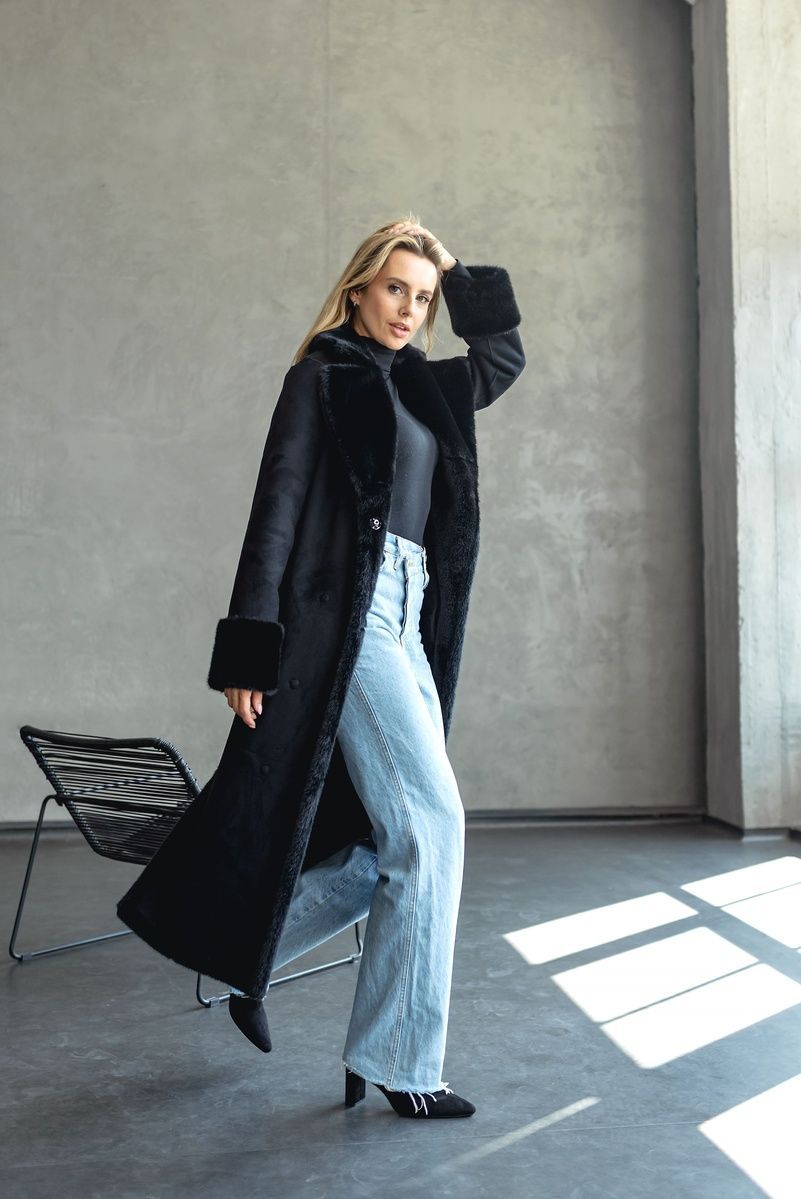 Long reversible faux fur eco-coat with belt, 178_Black, 178_Black, 56, Winter