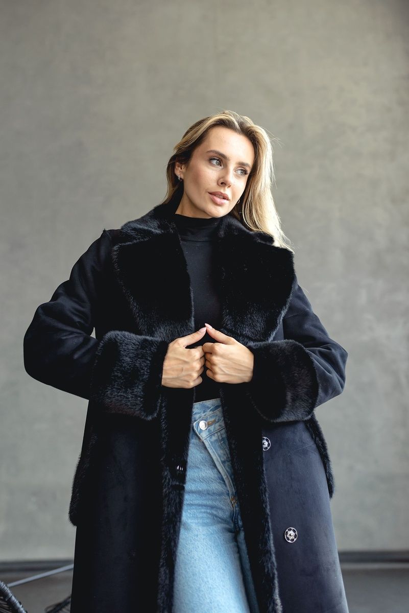 Long reversible faux fur eco-coat with belt, 178_Black, 178_Black, 56, Winter