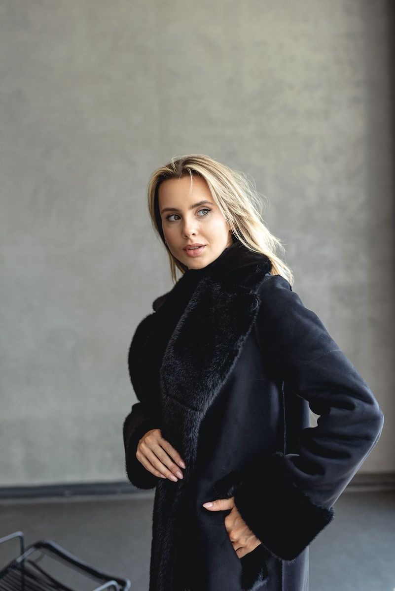 Long reversible faux fur eco-coat with belt, 178_Black, 178_Black, 56, Winter