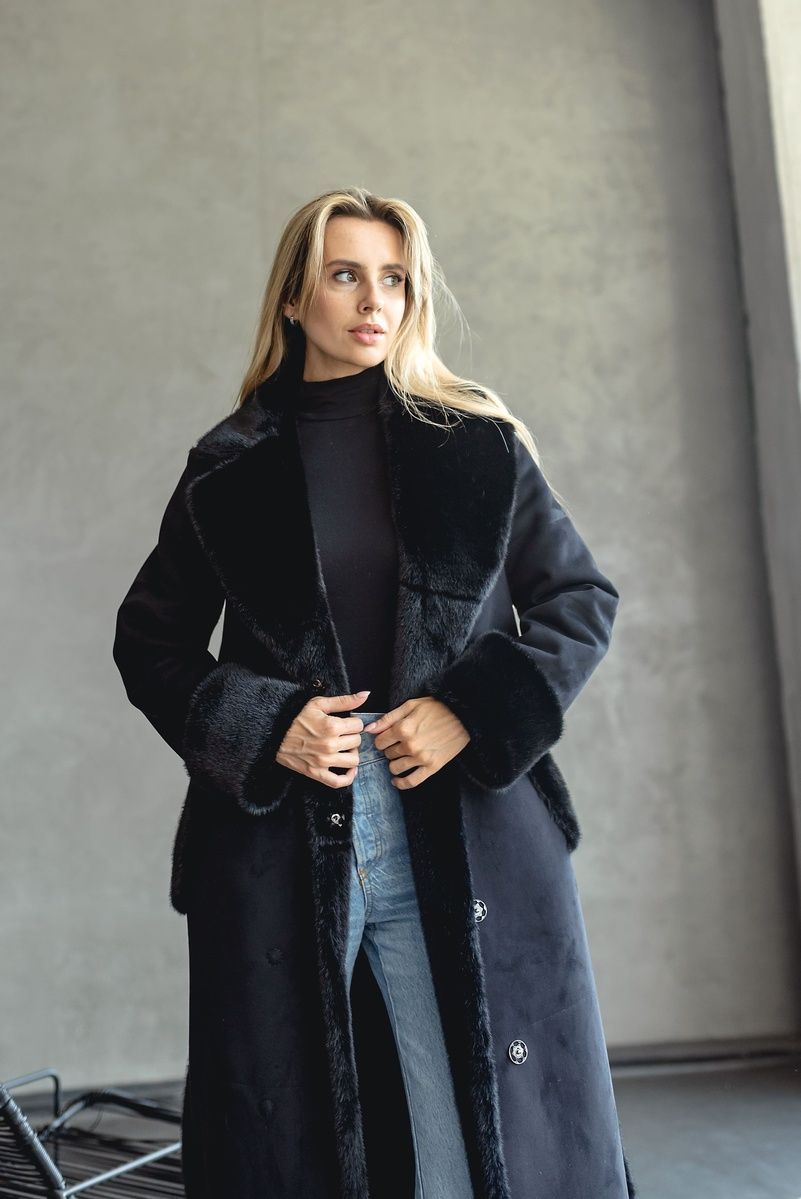 Long reversible faux fur eco-coat with belt, 178_Black, 178_Black, 56, Winter