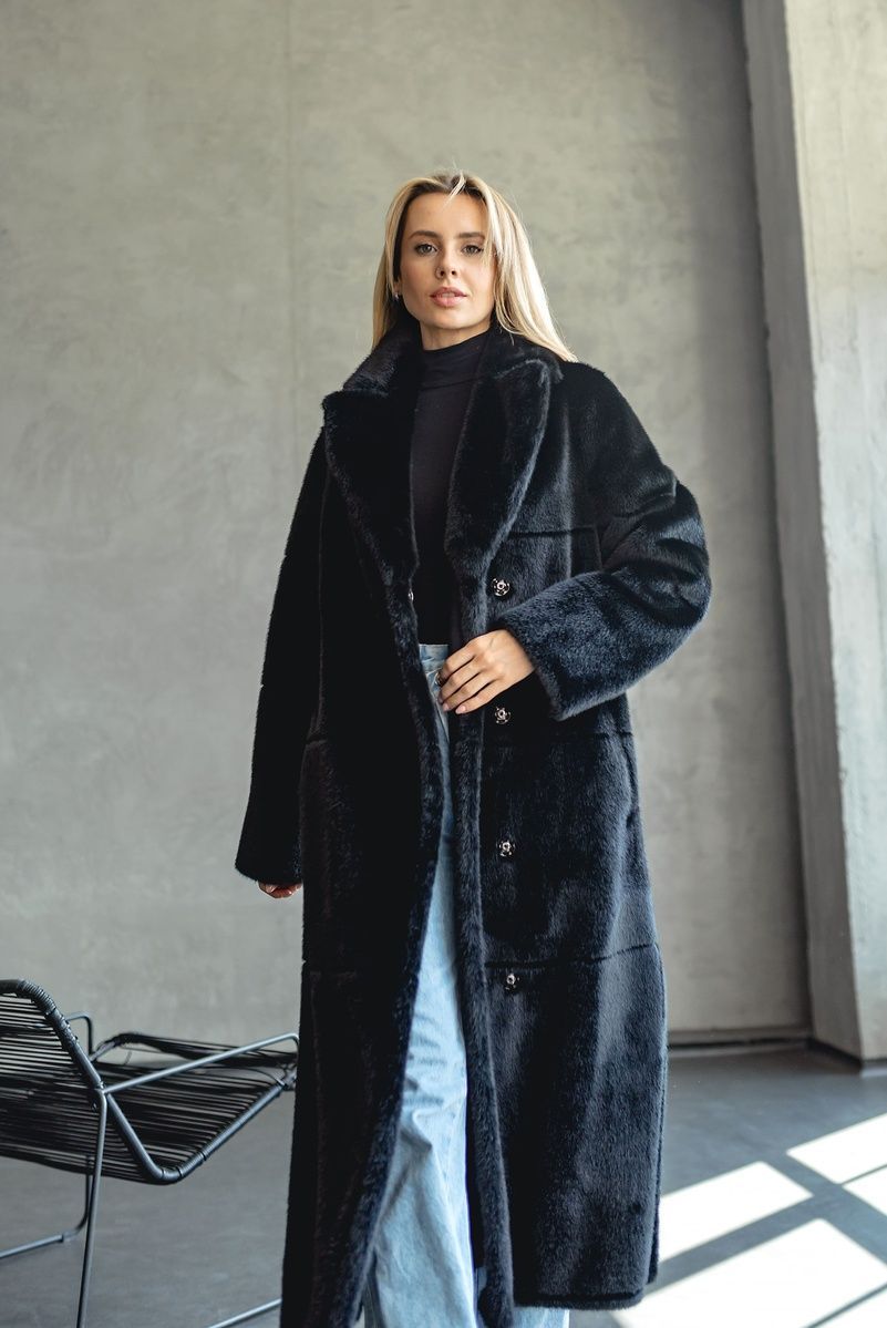 Long reversible faux fur eco-coat with belt, 178_Black, 178_Black, 56, Winter