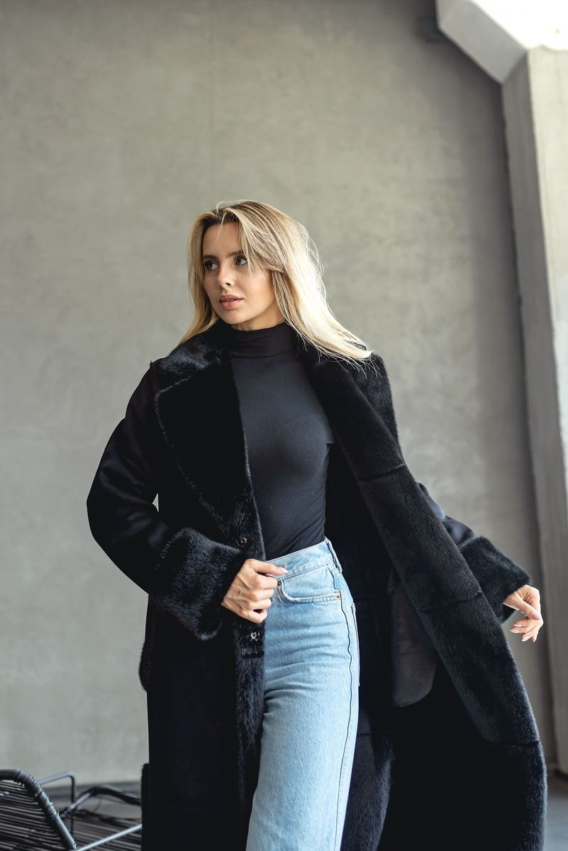 Long reversible faux fur eco-coat with belt, 178_Black, 178_Black, 56, Winter